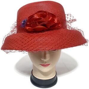August Women's Dress Hat Red With Mesh Bow and Purple Pin